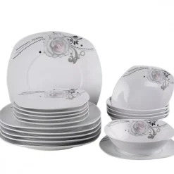PRIMA DECO Komplet obiadowy 18 el dla 6 os SZARA RÓŻA / kwadratowy / porcelana
