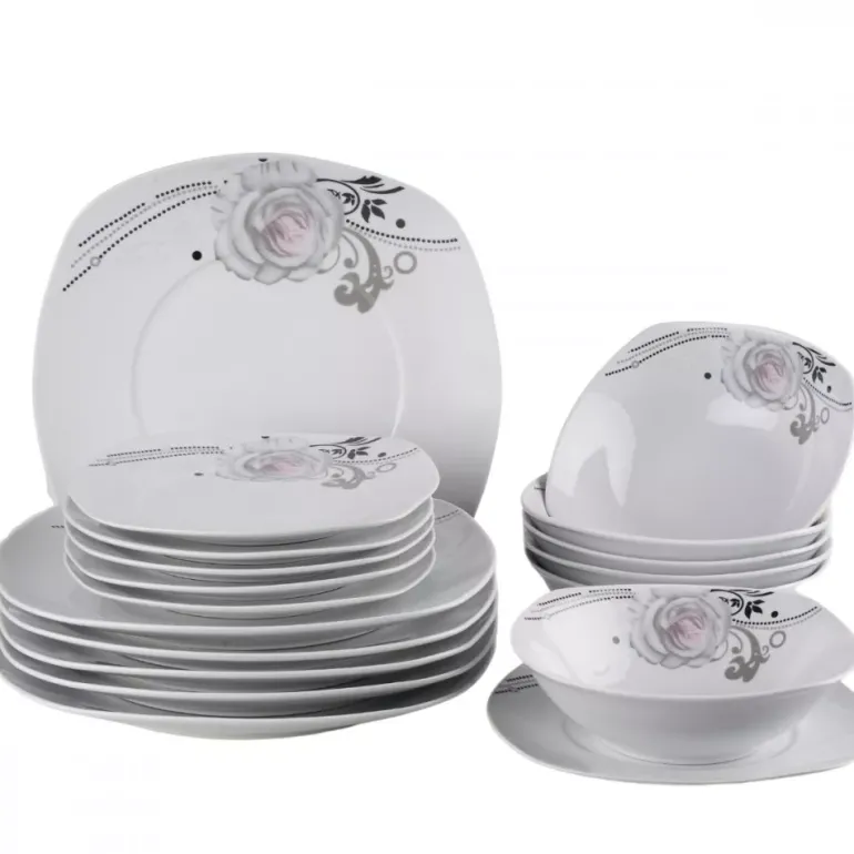 PRIMA DECO Komplet obiadowy 18 el dla 6 os SZARA RÓŻA / kwadratowy / porcelana