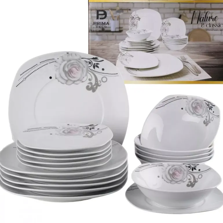 PRIMA DECO Komplet obiadowy 18 el dla 6 os SZARA RÓŻA / kwadratowy / porcelana