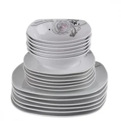 PRIMA DECO Komplet obiadowy 18 el dla 6 os SZARA RÓŻA / kwadratowy / porcelana