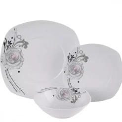 PRIMA DECO Komplet obiadowy 18 el dla 6 os SZARA RÓŻA / kwadratowy / porcelana