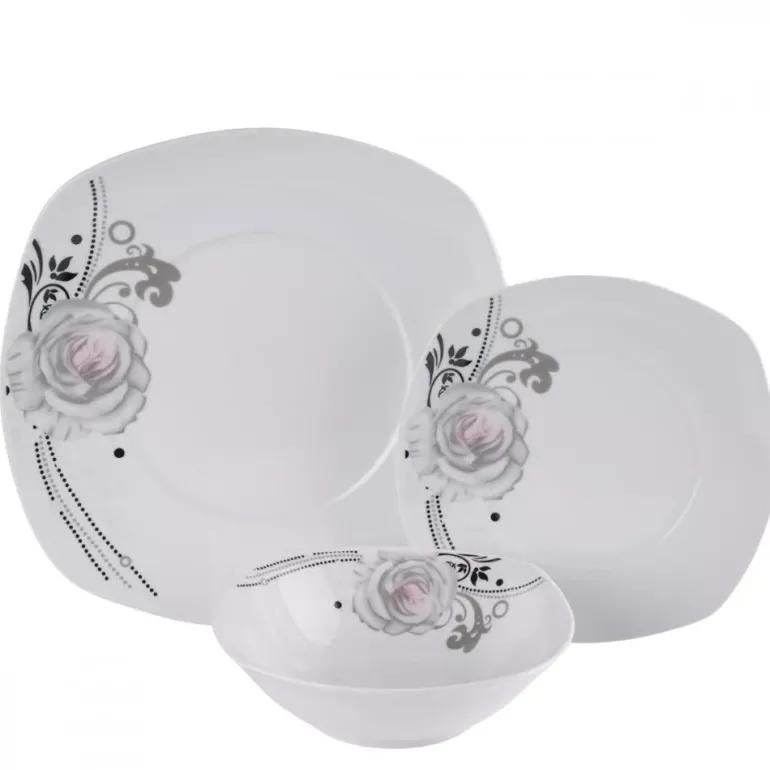 PRIMA DECO Komplet obiadowy 18 el dla 6 os SZARA RÓŻA / kwadratowy / porcelana