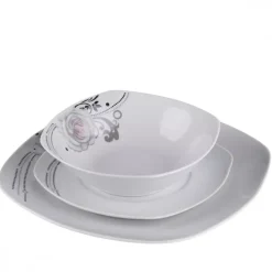 PRIMA DECO Komplet obiadowy 18 el dla 6 os SZARA RÓŻA / kwadratowy / porcelana