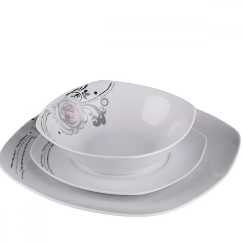 PRIMA DECO Komplet obiadowy 18 el dla 6 os SZARA RÓŻA / kwadratowy / porcelana