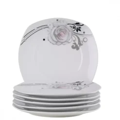 PRIMA DECO Komplet obiadowy 18 el dla 6 os SZARA RÓŻA / kwadratowy / porcelana