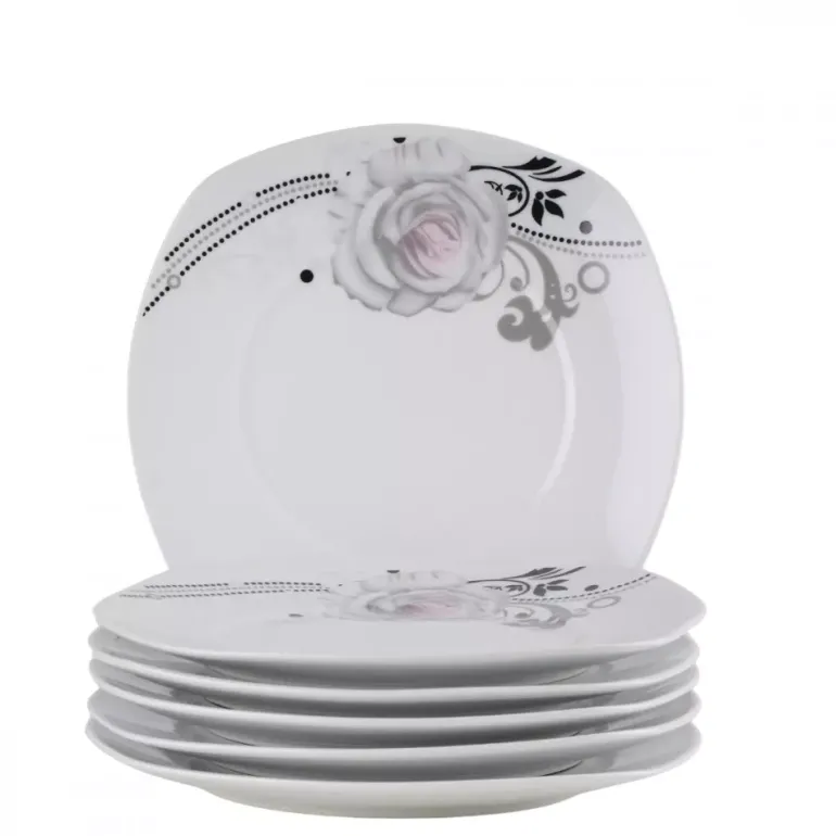 PRIMA DECO Komplet obiadowy 18 el dla 6 os SZARA RÓŻA / kwadratowy / porcelana
