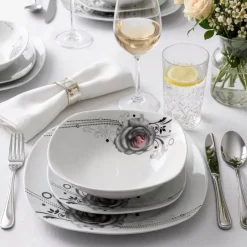 PRIMA DECO Komplet obiadowy 18 el dla 6 os SZARA RÓŻA / kwadratowy / porcelana