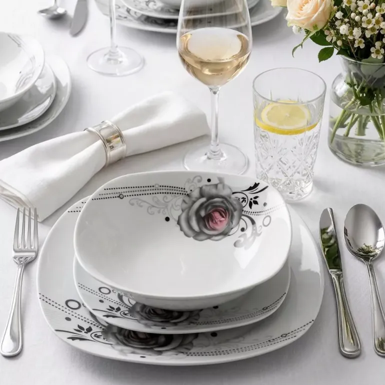 PRIMA DECO Komplet obiadowy 18 el dla 6 os SZARA RÓŻA / kwadratowy / porcelana