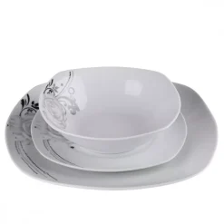 PRIMA DECO Komplet obiadowy 18 el dla 6 os SZARA RÓŻA / kwadratowy / porcelana