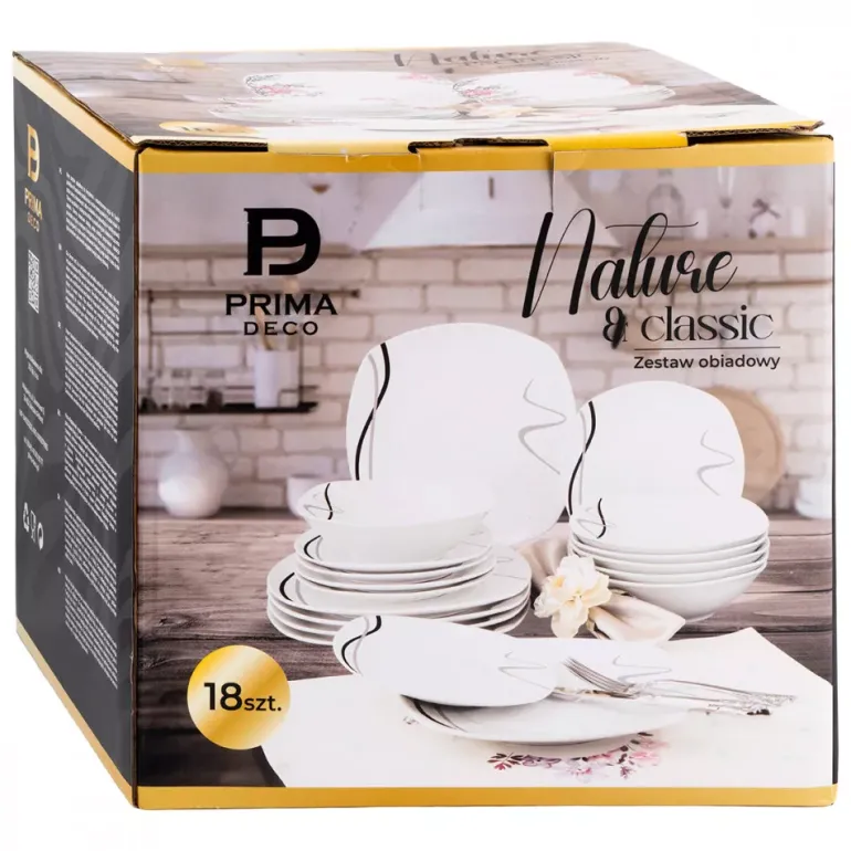 PRIMA DECO Komplet obiadowy 36 el dla 12 os FALA / kwadratowy / porcelana