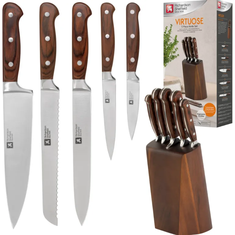 RICHARDSON SHEFFIELD VIRTUOSE Zestaw 5 noży kuchennych w bloku drewnianym