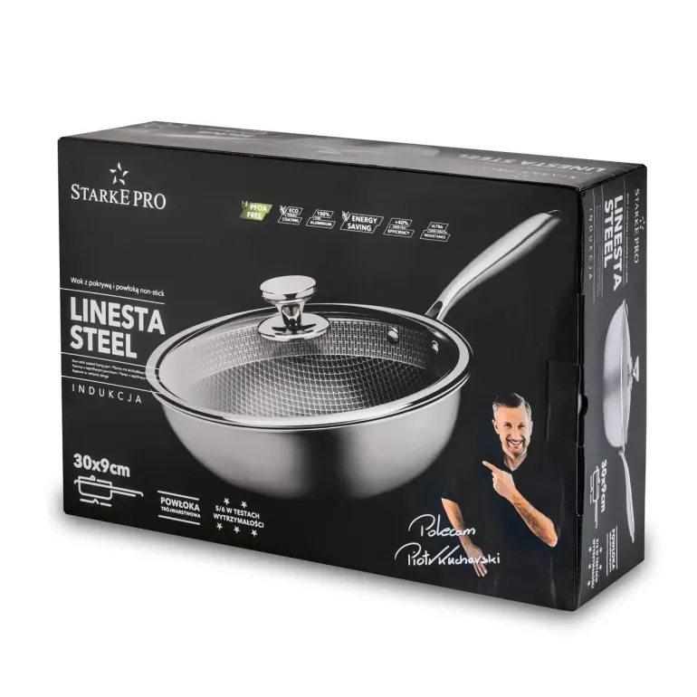 STARKE PRO LINESTA STEEL WOK 30X9 CM Z POKRYWKĄ SREBRNY NIERDZEWNY