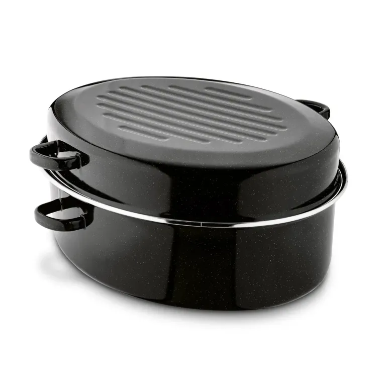 TADAR Brytfanna owalna z okuciem i grillem 6,5 L / czarna / emaliowana / stal węglowa