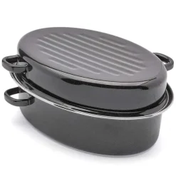 TADAR Brytfanna owalna z okuciem i grillem 5,5 L / czarna / emaliowana / stal węglowa