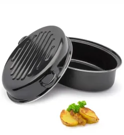 TADAR Brytfanna owalna z okuciem i grillem 5,5 L / czarna / emaliowana / stal węglowa