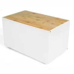 TADAR GEOMETRIC Chlebak z drewnianą pokrywką 35,5 x 21,5 cm / biały / stal nierdzewna