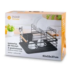 TADAR SUSZARKA DO NACZYŃ 2-POZIOMOWA Z PLAST. OCIEK. I TACA CZARNA 43X32X27CM + DREWNIANE UCHWYTY