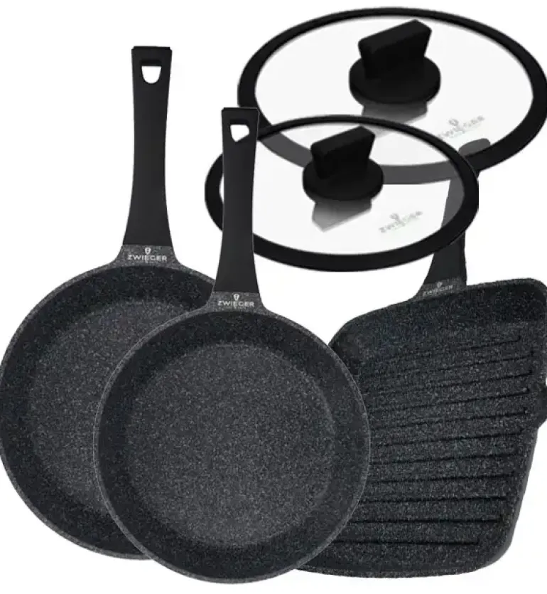 ZWIEGER BLACK STONE Komplet patelni 24, 28 cm + Patelnia grillowa 28 cm + Pokrywki / GREBLON non-stick