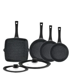 ZWIEGER BLACK STONE Komplet patelni 20, 24, 28 cm + Patelnia grillowa 28 cm + Pokrywki uniwersalne Tadar / GREBLON non-stick