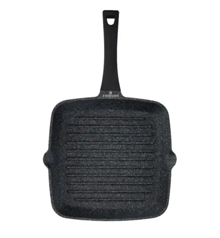 ZWIEGER BLACK STONE Komplet patelni 20, 24, 28 cm + Patelnia grillowa 28 cm + Pokrywki uniwersalne Tadar / GREBLON non-stick