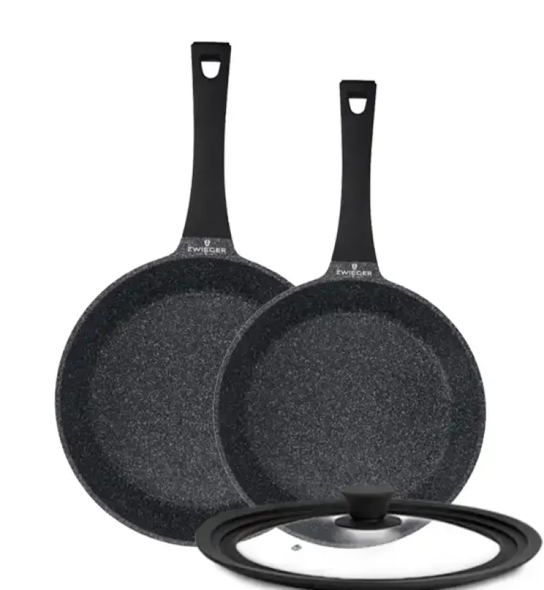 ZWIEGER BLACK STONE Komplet patelni uniwersalnych 24 + 28 cm + Pokrywka uniwersalna Tadar / GREBLON non-stick