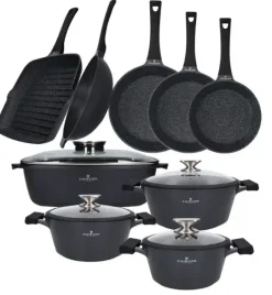 ZWIEGER BLACK STONE Zestaw garnków z pokrywkami 20, 24, 28 cm + Patelnie 20, 24, 28 cm + Grillowa 28 cm + Brytfanna 32 cm + Wok 32 cm