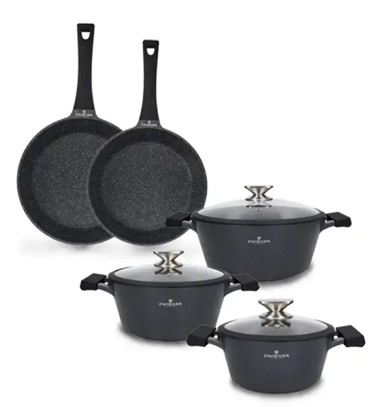 ZWIEGER BLACK STONE Zestaw garnków z pokrywkami 20, 24, 28 cm + Patelnie 24, 28 cm