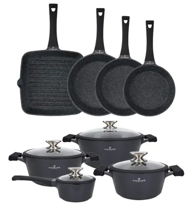 ZWIEGER BLACK STONE Zestaw garnków z pokrywkami 20, 24, 28 cm + Rondel 16 cm + Patelnie 20, 24, 28 cm + Grillowa 28 cm