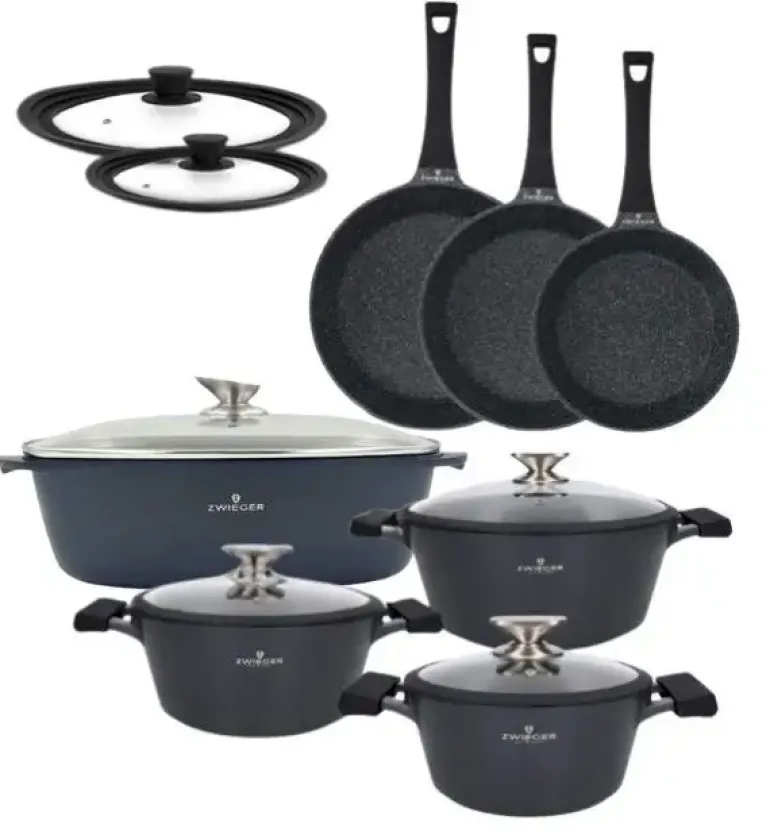 ZWIEGER BLACK STONE Zestaw garnków z pokrywkami 20, 24, 28 cm + Patelnie 20, 24, 28 cm + Brytfanna VERON + Pokrywki silikonowe KAIA HOME