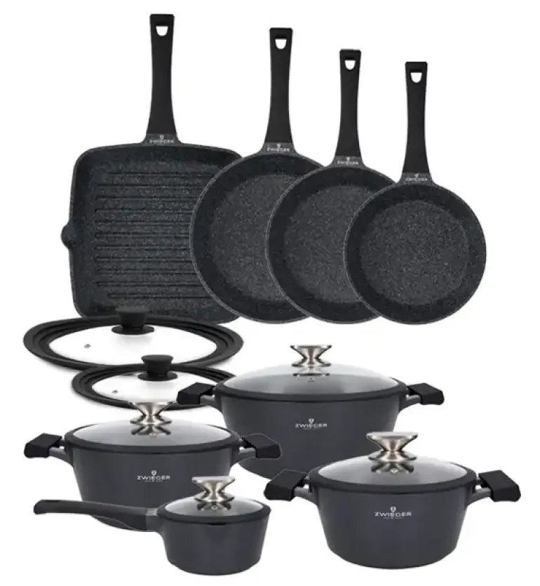 ZWIEGER BLACK STONE Zestaw garnków z pokrywkami 20, 24, 28 cm + Rondel 16 cm + Patelnie 20, 24, 28 cm + Grillowa 28 cm + Pokrywki Tadar