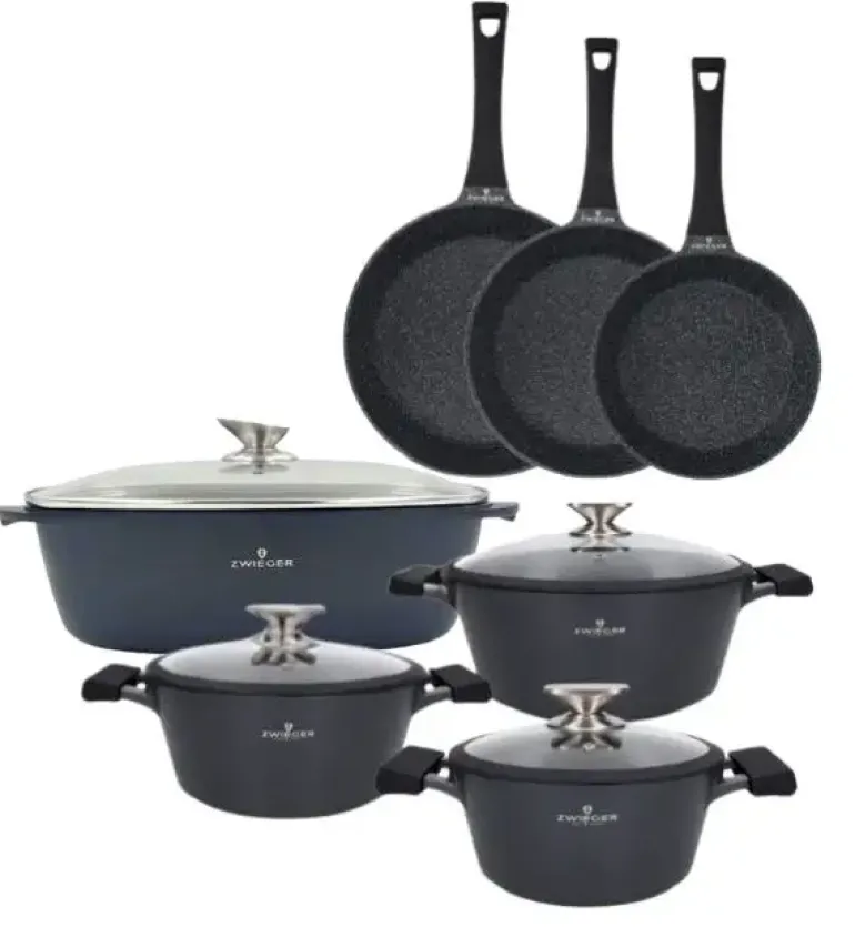 ZWIEGER BLACK STONE Zestaw garnków z pokrywkami 20, 24, 28 cm + Patelnie 20, 24, 28 cm + Brytfanna VERON