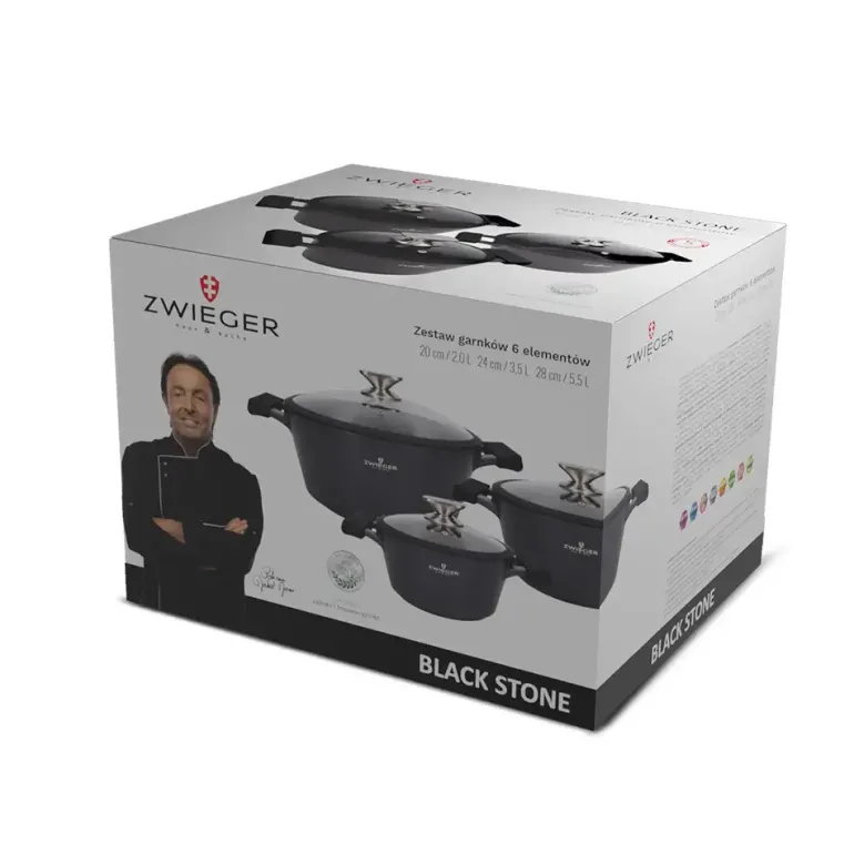 ZWIEGER BLACK STONE Zestaw garnków z pokrywkami 20, 24, 28 cm GREBLON non-stick + Brytfanna Practi Plus