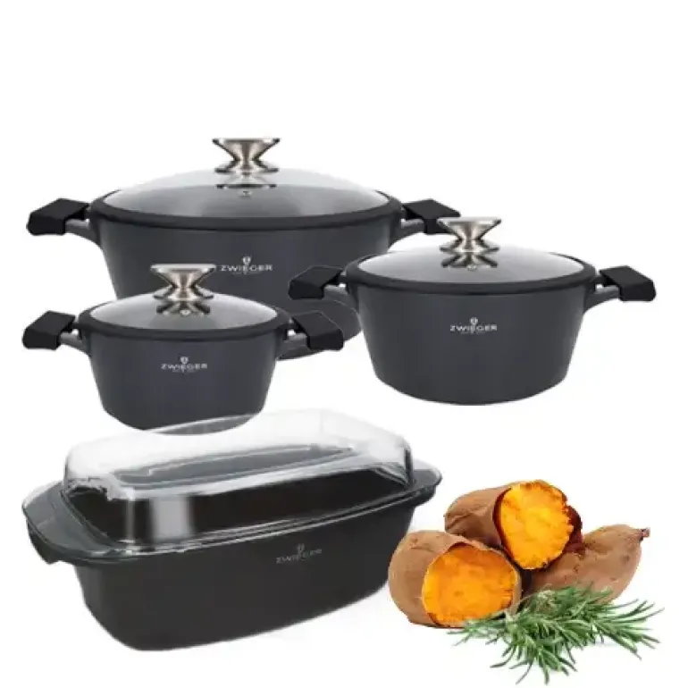 ZWIEGER BLACK STONE Zestaw garnków z pokrywkami 20, 24, 28 cm GREBLON non-stick + Brytfanna Practi Plus