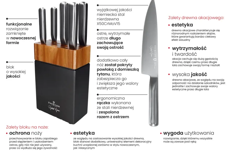 ZWIEGER DARQUE Komplet 5 noży w bloku drewnianym / stal nierdzewna + ostrzałka TADAR