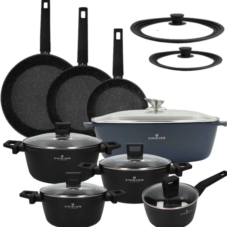 ZWIEGER FORTE Komplet garnków z pokrywkami / 16, 18, 20, 24 cm + Patelnia 20, 24, 28 cm + Brytfanna VERON + Pokrywki silikonowe KAIA HOME