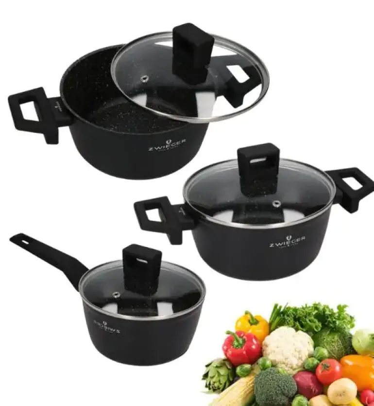 ZWIEGER FORTE Komplet garnków z pokrywkami 6 el /16, 18, 20 cm + Patelnia 20, 24, 28 cm aluminium