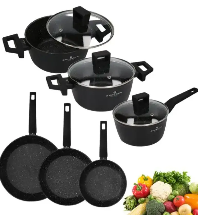 ZWIEGER FORTE Komplet garnków z pokrywkami 6 el /16, 18, 20 cm + Patelnia 20, 24, 28 cm aluminium