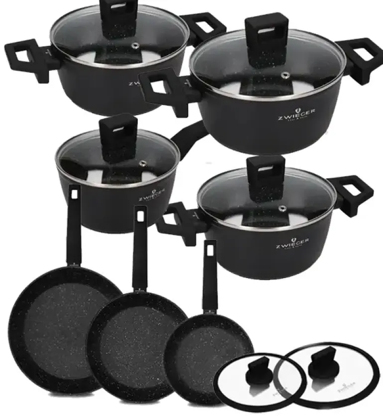 ZWIEGER FORTE Komplet garnków z pokrywkami 8 el /16, 18, 20, 24 cm + Patelnia 20, 24, 28 cm+ pokrywki Zwieger / aluminium