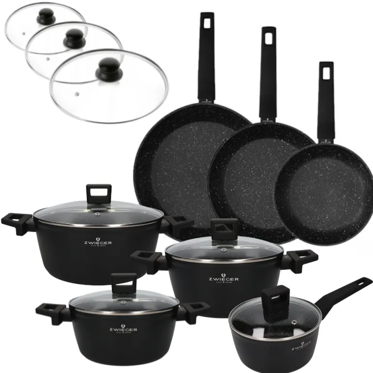 ZWIEGER FORTE Komplet garnków z pokrywkami / 16, 18, 20, 24 cm + Patelnie 20, 24, 28 cm + Pokrywki szklane KAIA HOME