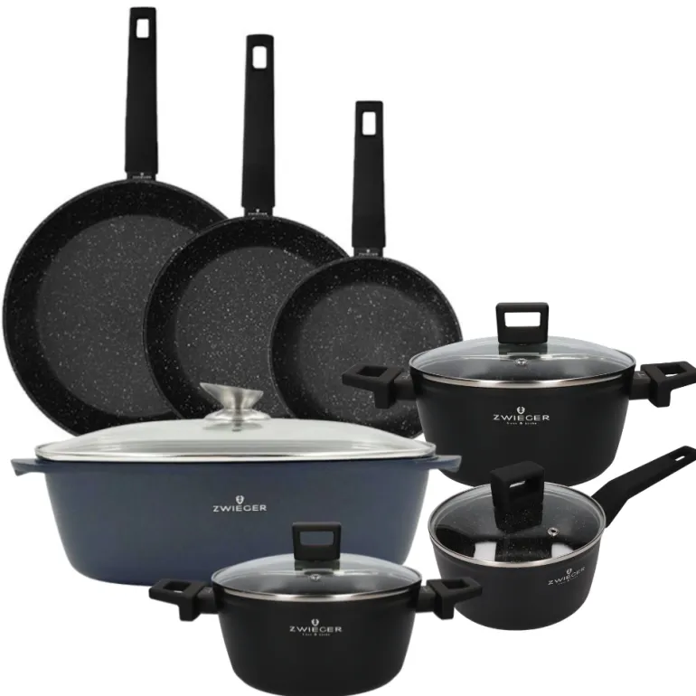 ZWIEGER FORTE Komplet garnków z pokrywkami 6 el /16, 18, 20 cm + Patelnie 20, 24, 28 cm + Brytfanna VERON / aluminium