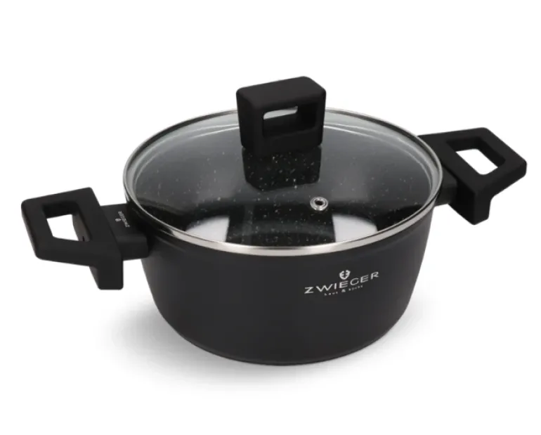 ZWIEGER FORTE Komplet garnków z pokrywkami / 16, 18, 20, 24 cm + Patelnie 20, 24, 28 cm + Brytfanna VERON + Pokrywki szklane KAIA HOME