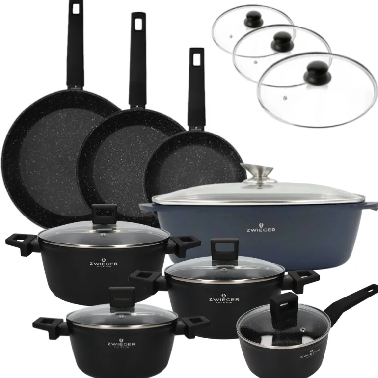 ZWIEGER FORTE Komplet garnków z pokrywkami / 16, 18, 20, 24 cm + Patelnie 20, 24, 28 cm + Brytfanna VERON + Pokrywki szklane KAIA HOME