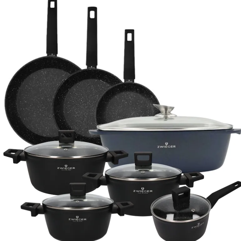 ZWIEGER FORTE Komplet garnków z pokrywkami 8 el /16, 18, 20, 24 cm + Patelnia 20, 24, 28 cm + Brytfanna VERON / aluminium