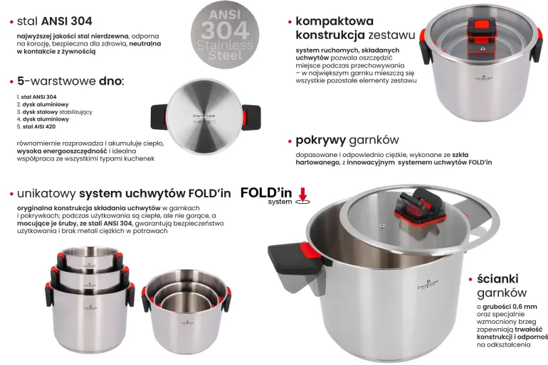 ZWIEGER KOMPACT Komplet 3 garnków z pokrywkami / stal nierdzewna