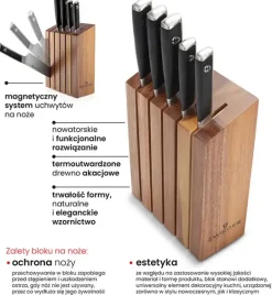 ZWIEGER MAGNETO Komplet 5 noży w bloku drewnianym / stal nierdzewna + drewno akacjowe