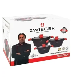 ZWIEGER OBSIDIAN Komplet Garnki 6 el z pokrywkami 5,5l/ 3,5l/ 2l GREBLON + Brytfanna Practi Plus
