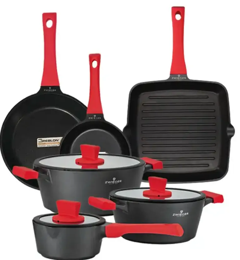 ZWIEGER OBSIDIAN Komplet garnków z pokrywkami 6 el + patelnie Zwieger Obsidian 20, 28 cm + grillowa 28 cm