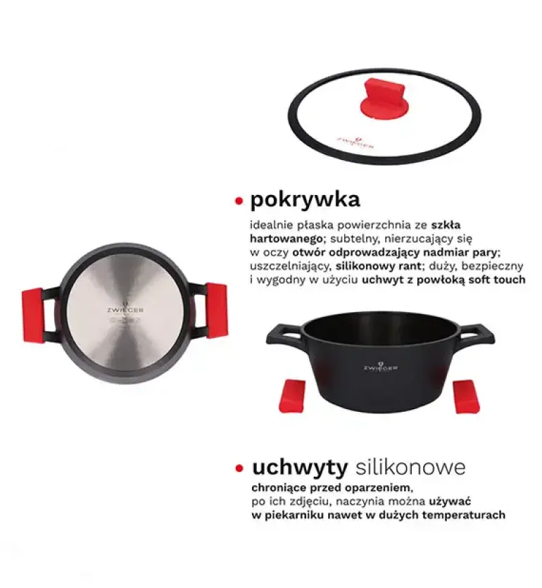 ZWIEGER OBSIDIAN Komplet Garnki 6 el z pokrywkami 5,5l/ 3,5l/ 2l +rondel / GREBLON C3+