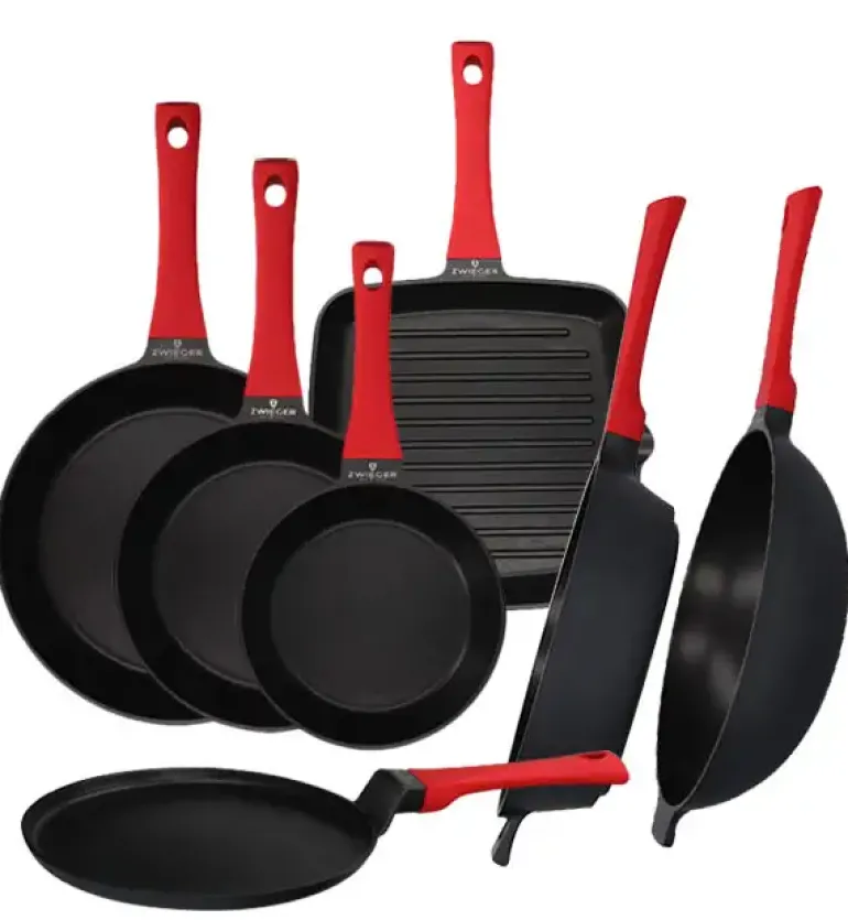 ZWIEGER OBSIDIAN Komplet 7 patelni / Grillowa, naleśnikowa, wok / powłoka GREBLON non- stick