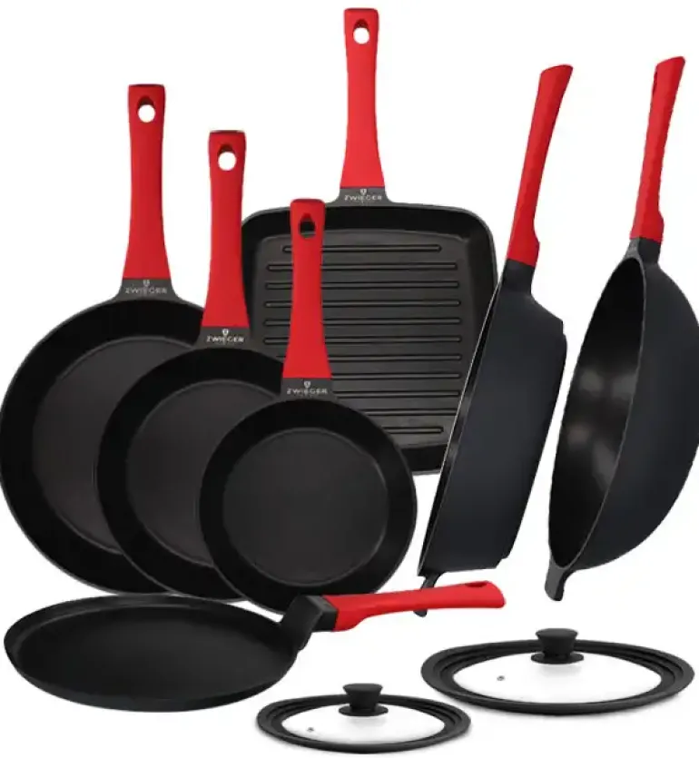 ZWIEGER OBSIDIAN Komplet 7 patelni + pokrywki uniwersalne Tadar / Grillowa, naleśnikowa, wok / powłoka GREBLON non- stick